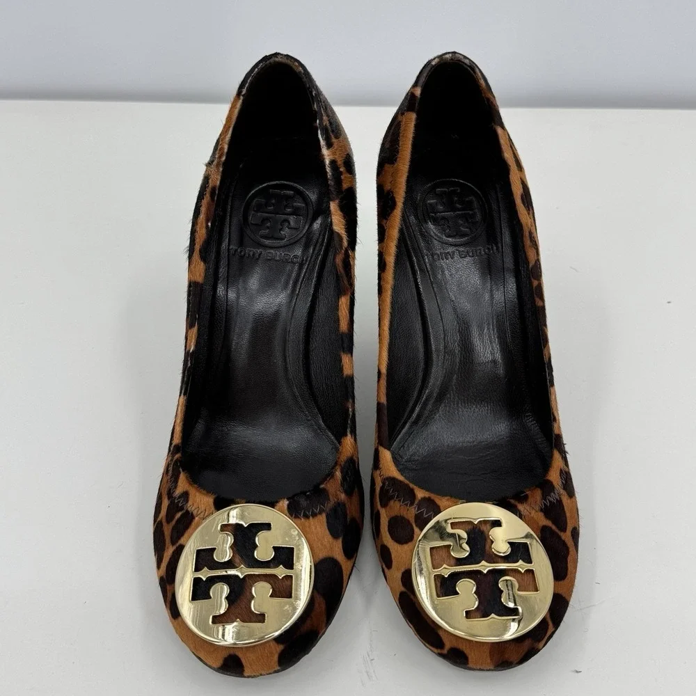 TORY BURCH Leopard Pony Hair / Gold Logo High Wedge Heel Sz 6.5